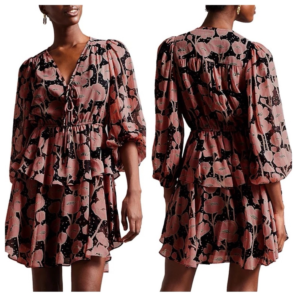 NWOT TED BAKER Priana Ruffle Sleeve Floral Romantic Mini Dress Pink Black Size 2 - Picture 15 of 15